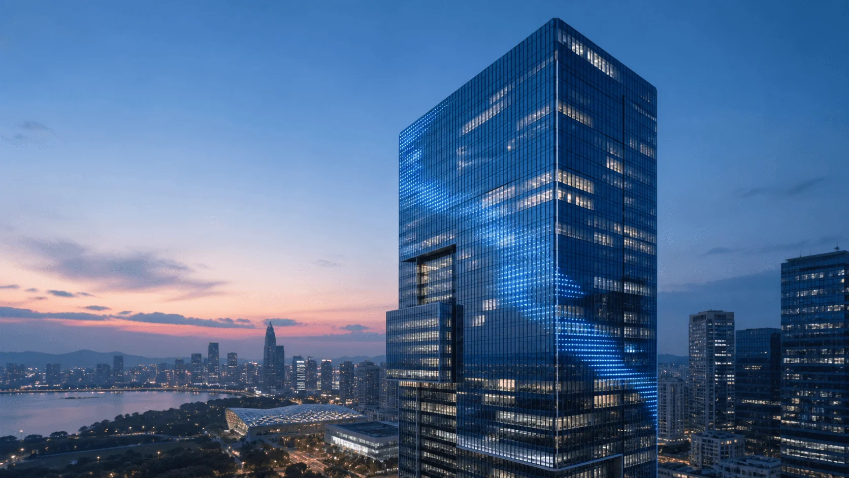 Corporate glass skyscraper illuminated at dusk, with blue digital patterns on the facade and a modern city in the background.