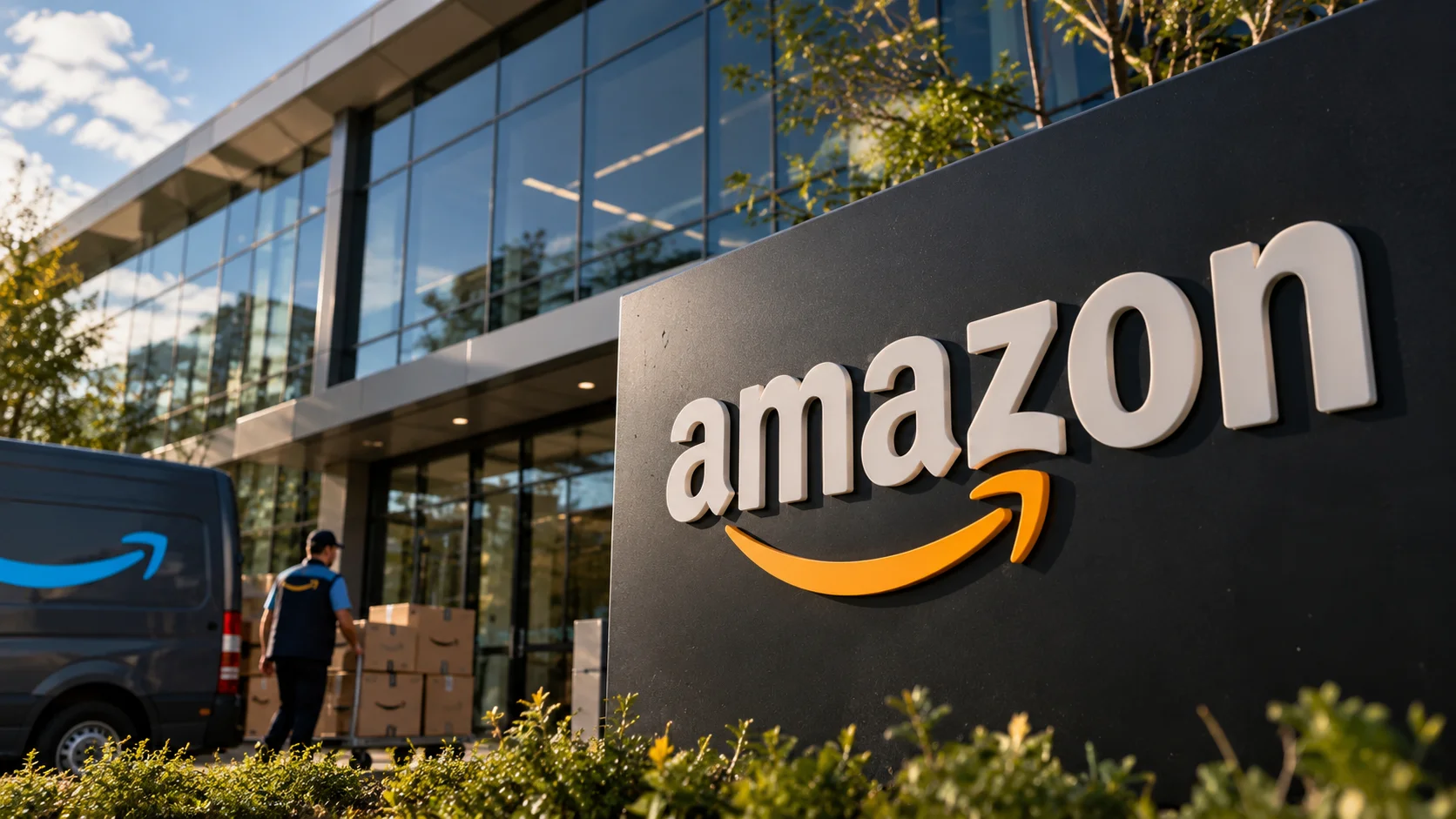 Amazon storefront with a delivery vehicle and packages in the background.