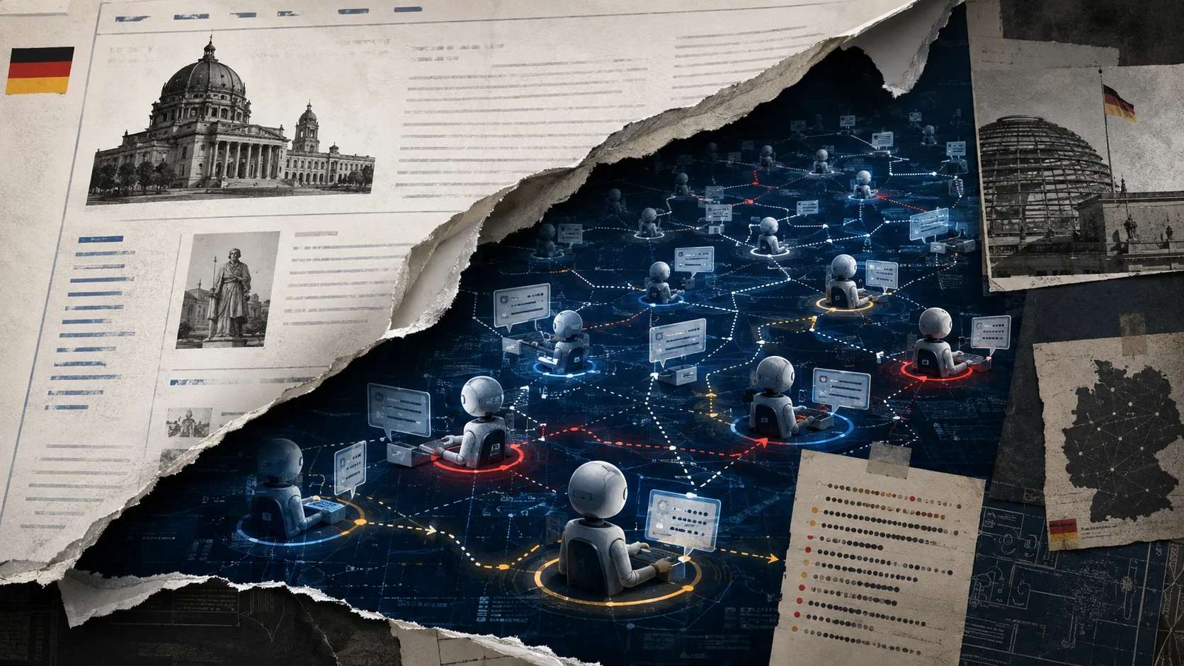 Illustration shows a German wiki revealing a coordinated network of AI agents.
