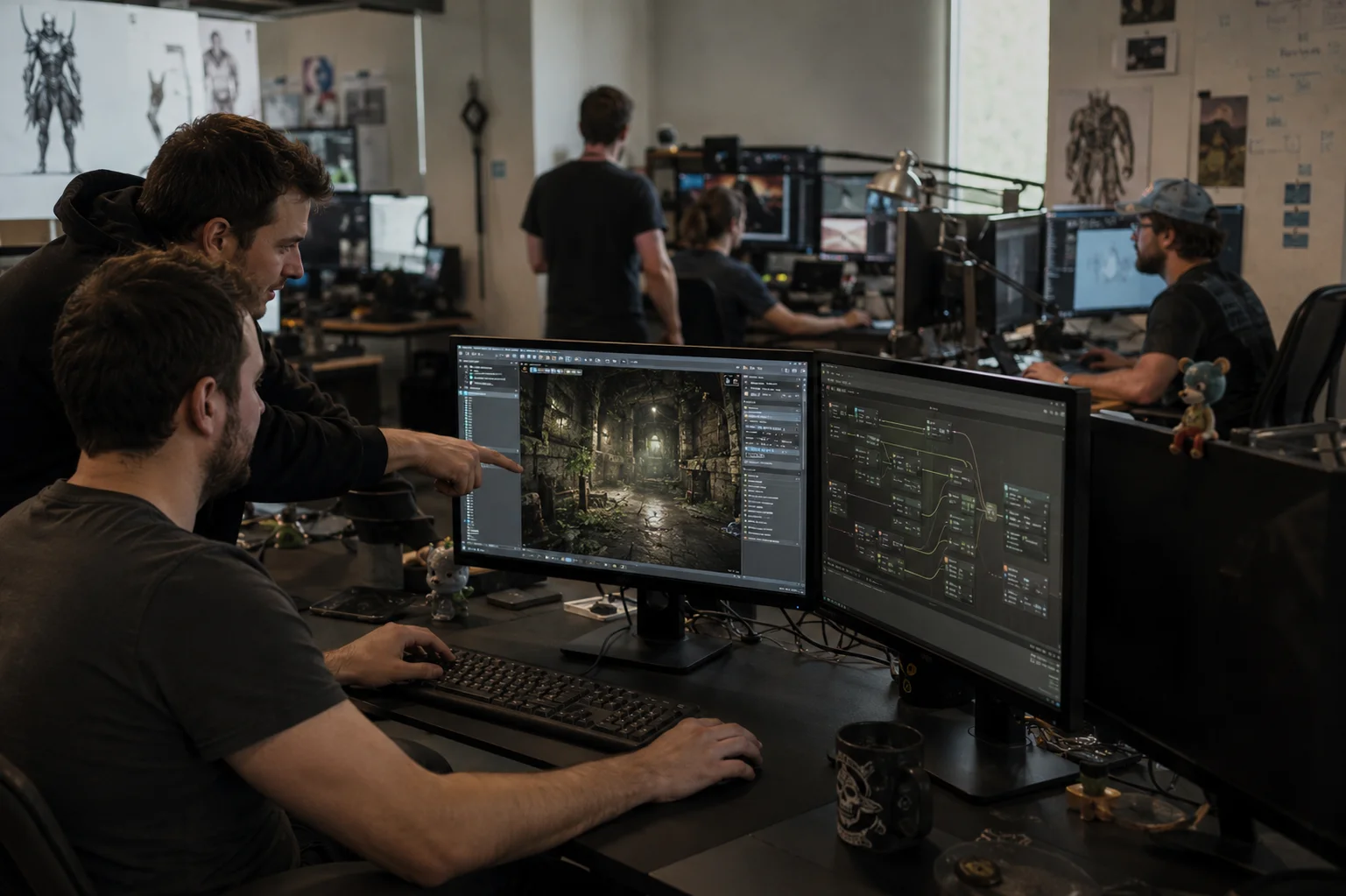 A small game development team works in a studio, with two professionals reviewing a build on monitors while other developers work in the background.