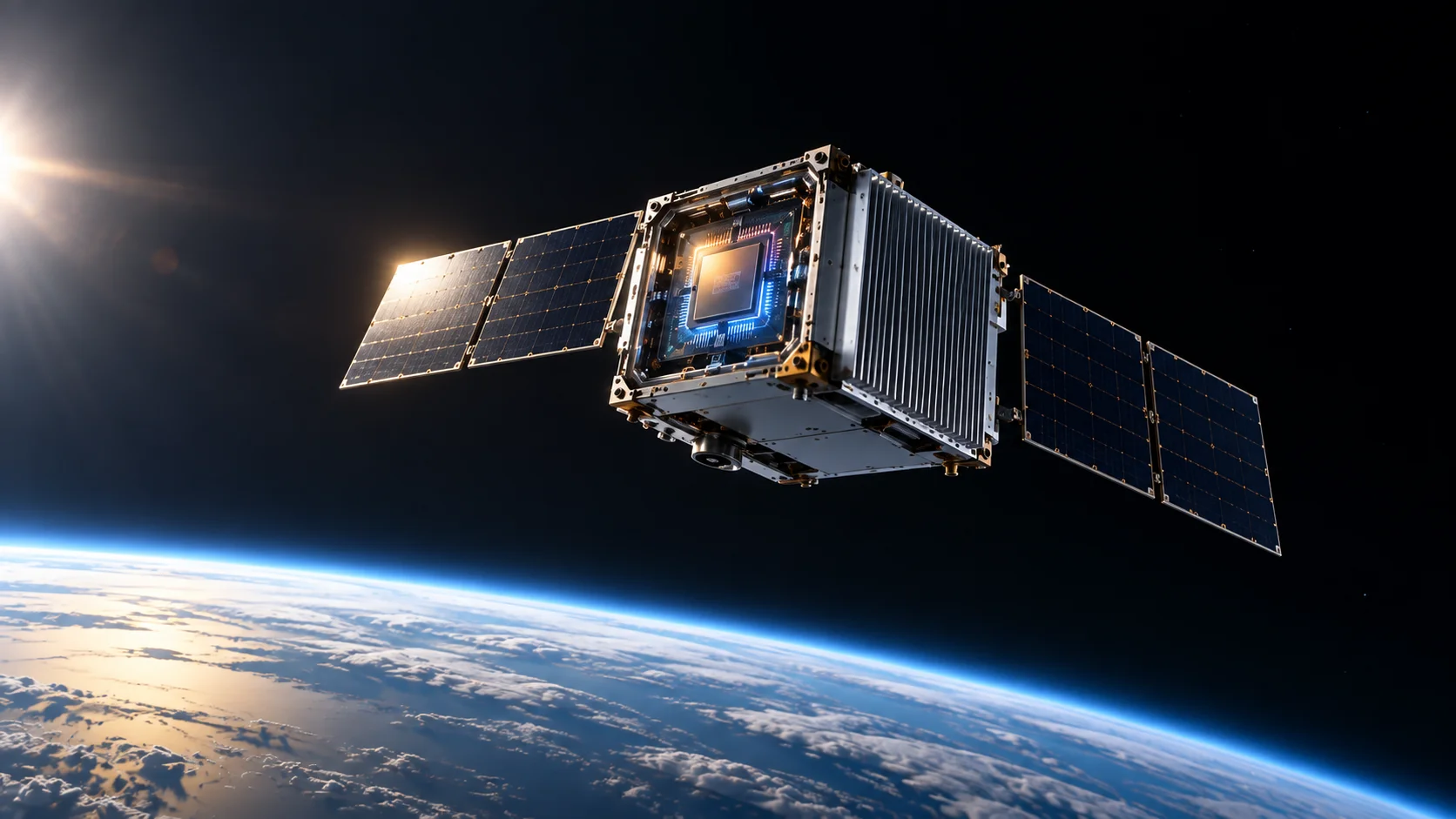 Satélite experimental com chip de IA em órbita sobre a Terra.