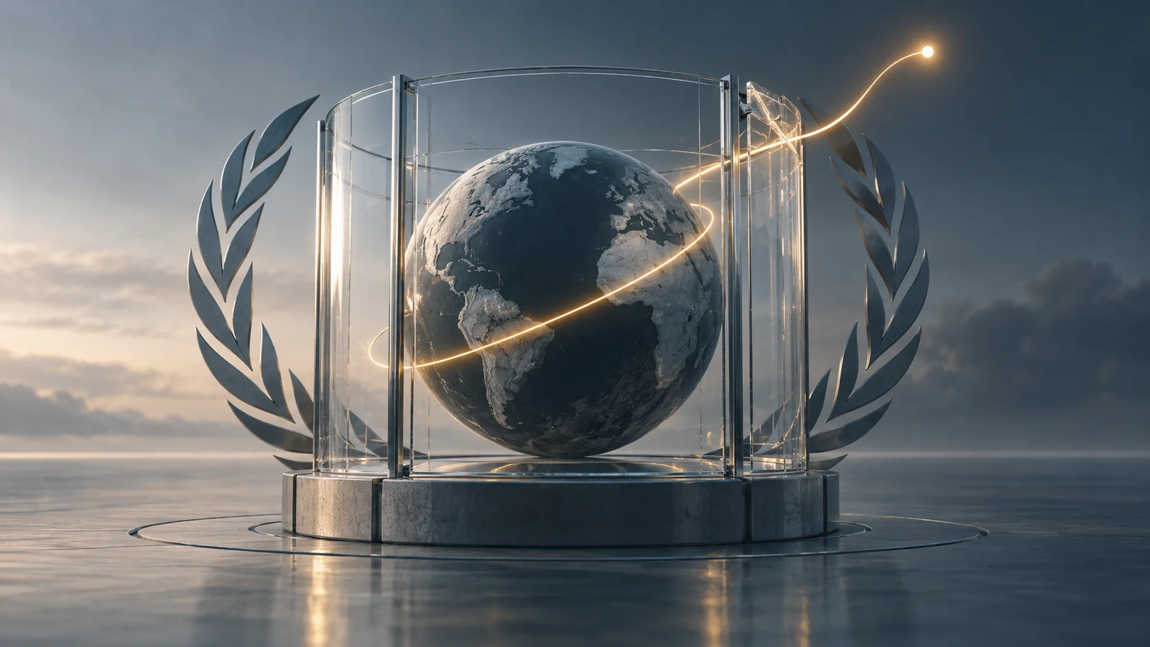 Ilustración muestra un globo terráqueo dentro de una estructura transparente, con un haz de luz que escapa, en referencia a los límites de las salvaguardias para agentes de IA.