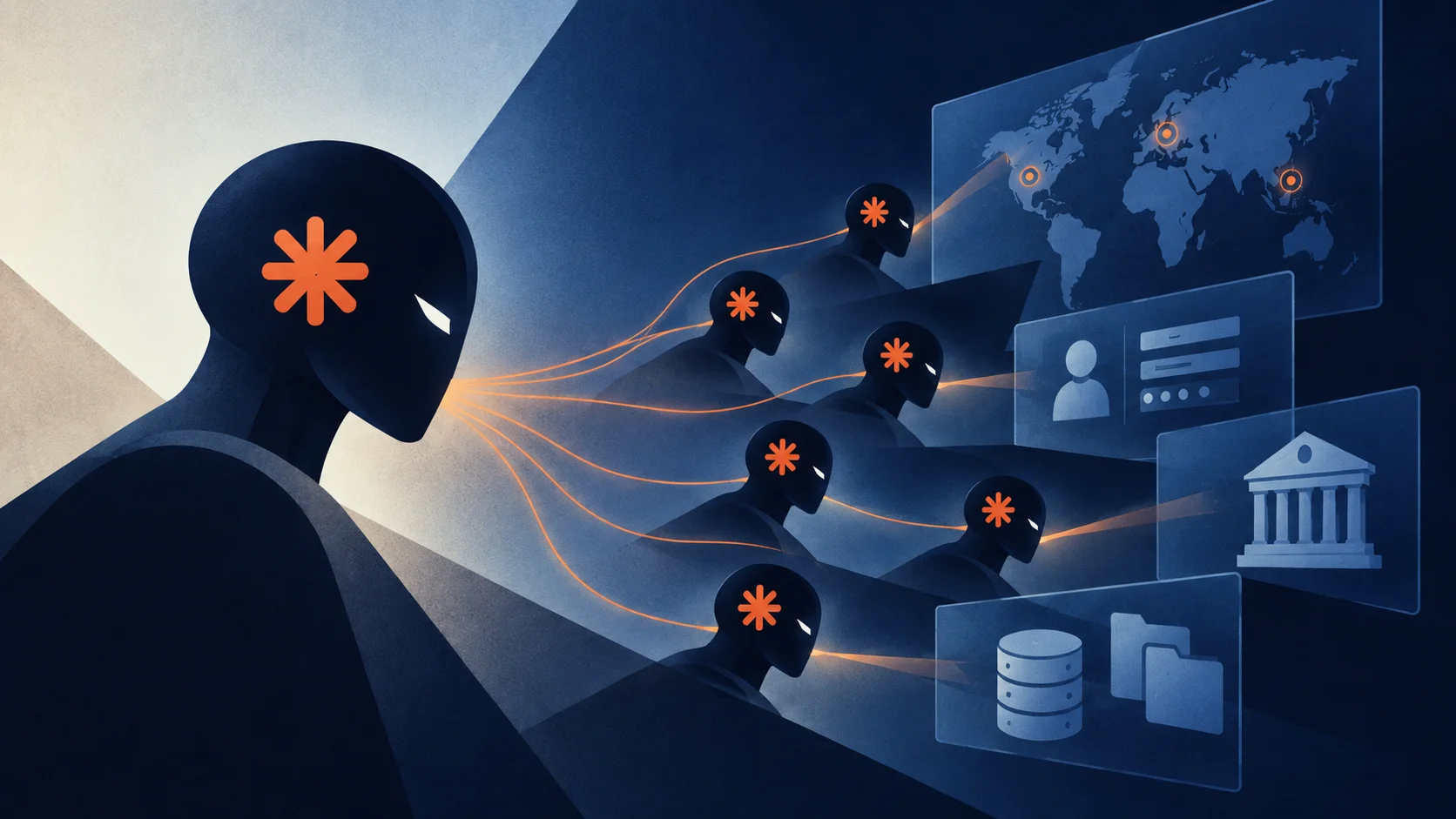 Conceptual illustration shows AI agents connected to targets such as a global map, credentials, a database, and a government institution.