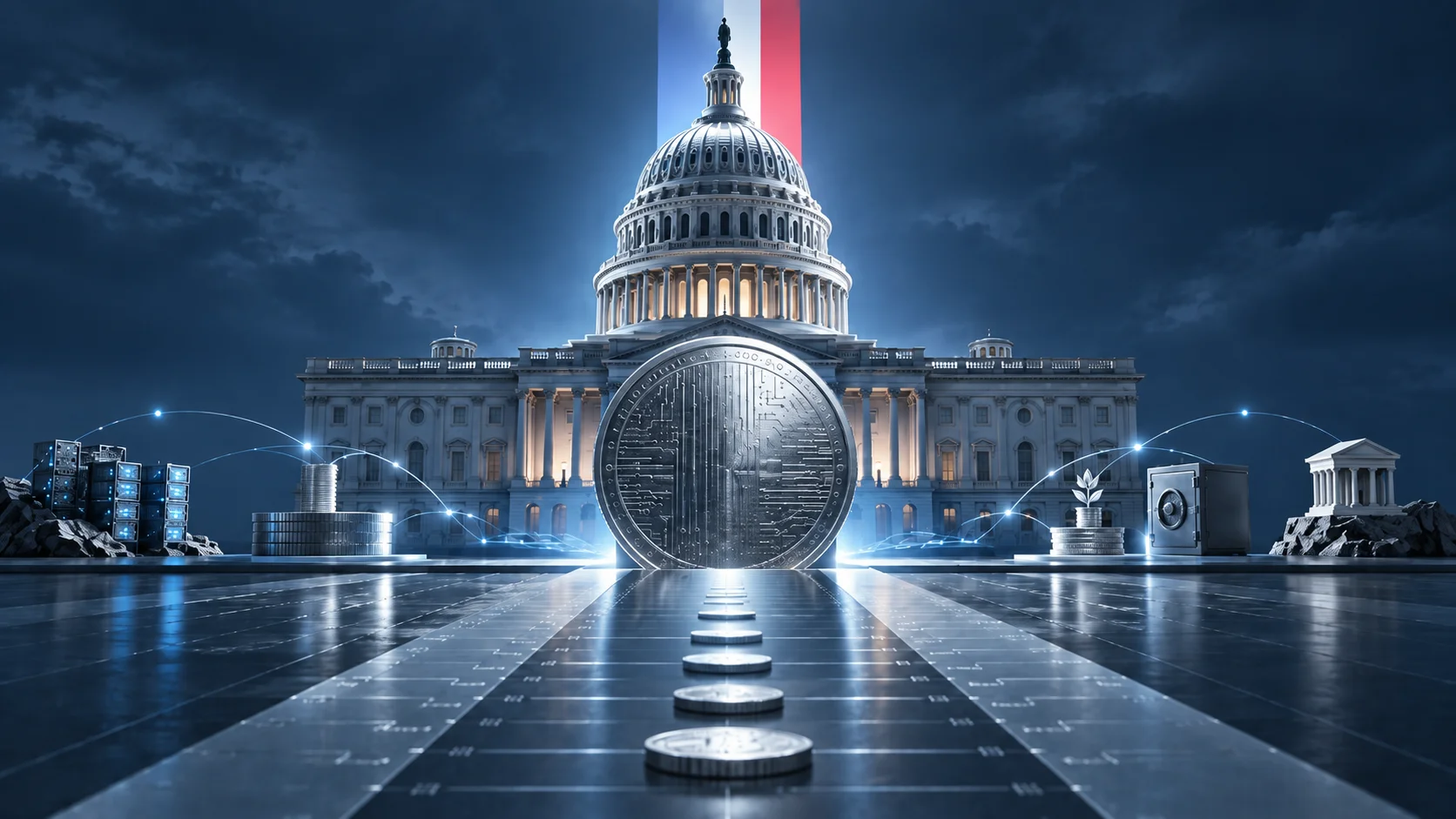 US Capitol behind a digital coin, symbolizing new federal tax rules for crypto.