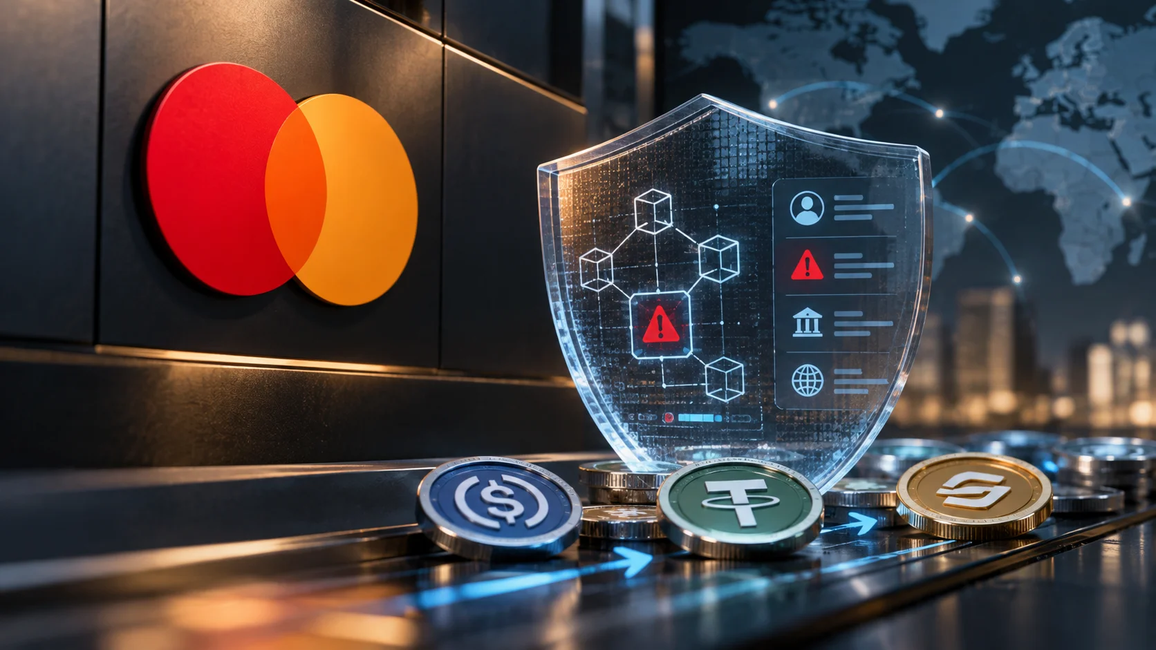 Logo da Mastercard ao lado de um escudo digital e moedas de stablecoins, simbolizando a análise de riscos em transações.