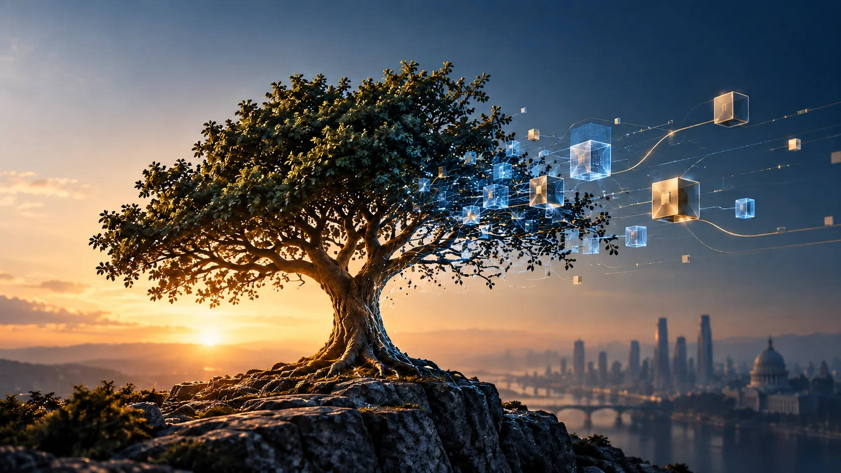 Tree on a rocky formation, with branches that transform into interconnected digital blocks.