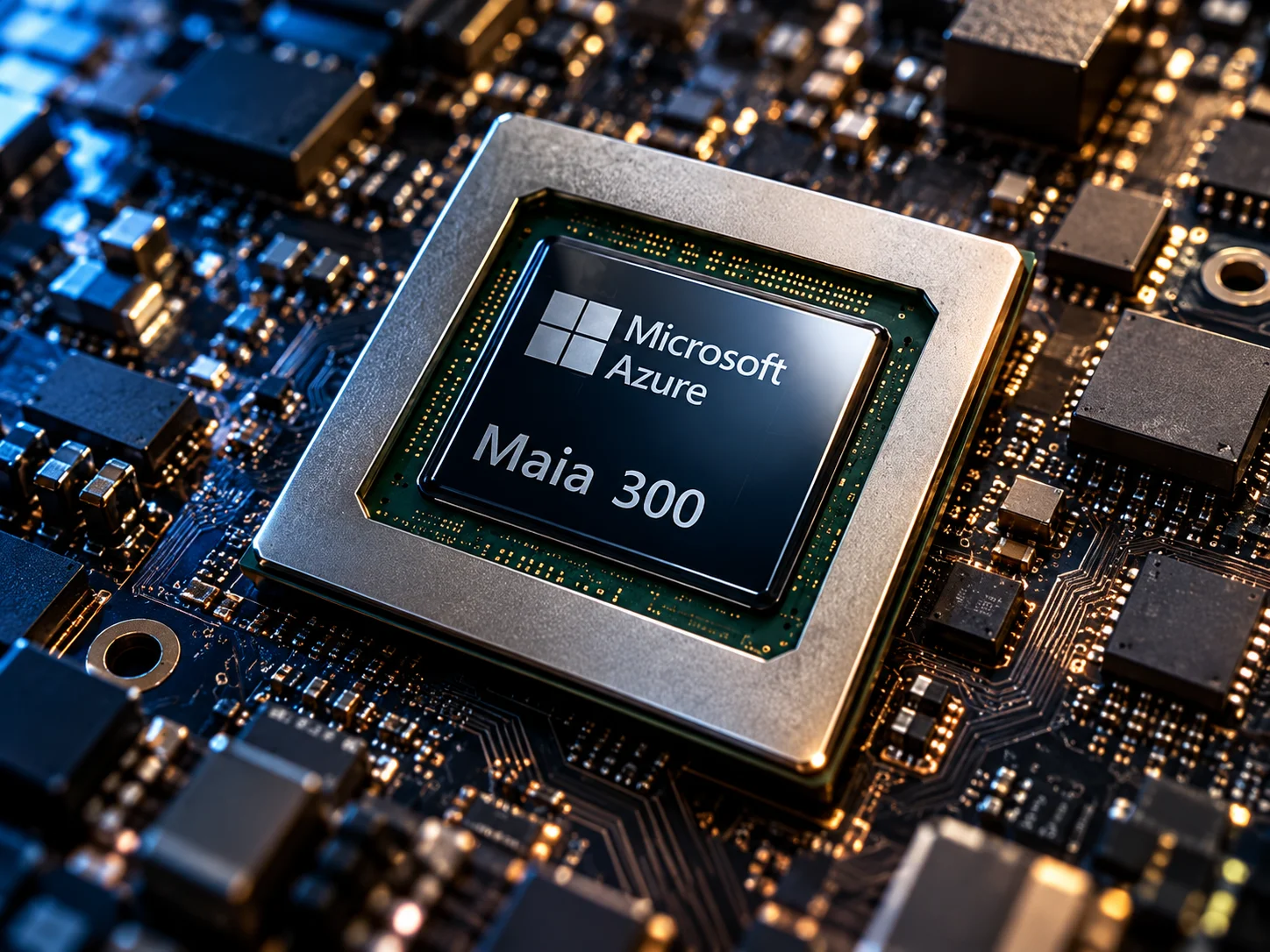 Primer plano del chip Microsoft Azure Maia 300 sobre una placa de circuito electrónico.