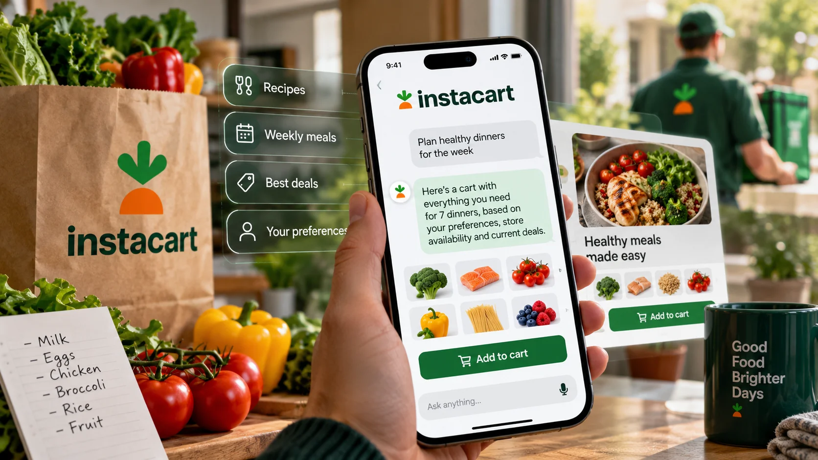 Cellphone displaying the Instacart interface using AI to build a grocery cart, surrounded by fresh foods and shopping items.