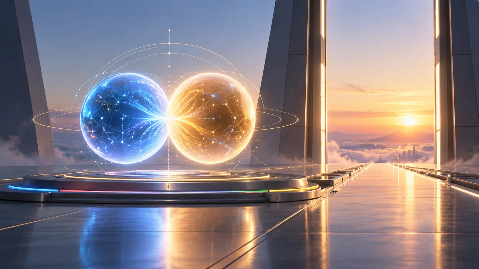 Ilustración conceptual con dos esferas luminosas conectadas ante un portal, que simbolizan el Gemini 4 en su fase final de preparación.