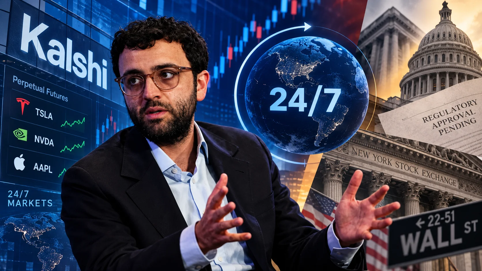 Kalshi founder in front of market charts, references to Tesla, Nvidia, and Apple, Wall Street, and U.S. regulatory elements.