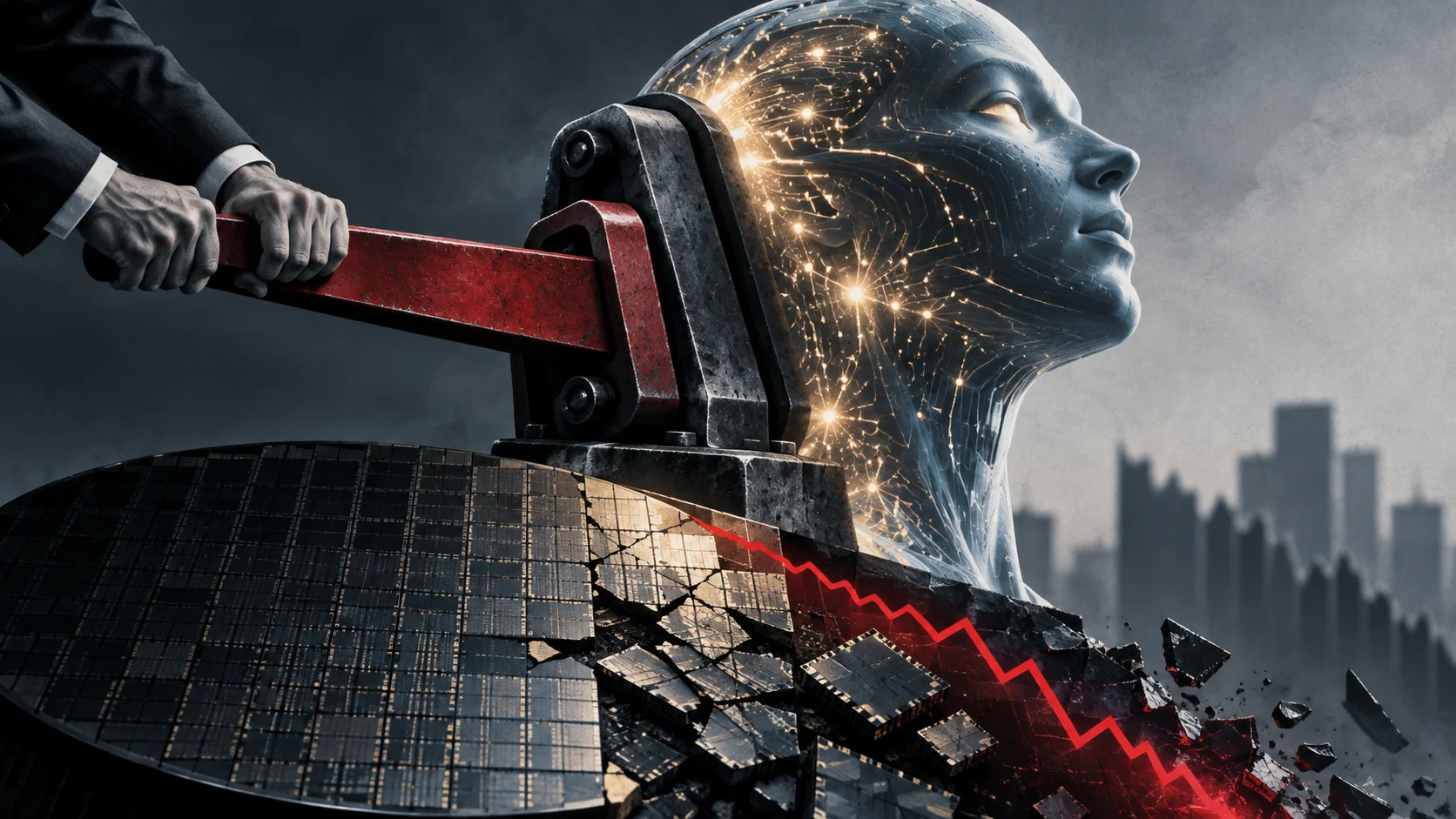 Hands pull a lever restraining a robotic head as chips break beneath a falling red line.