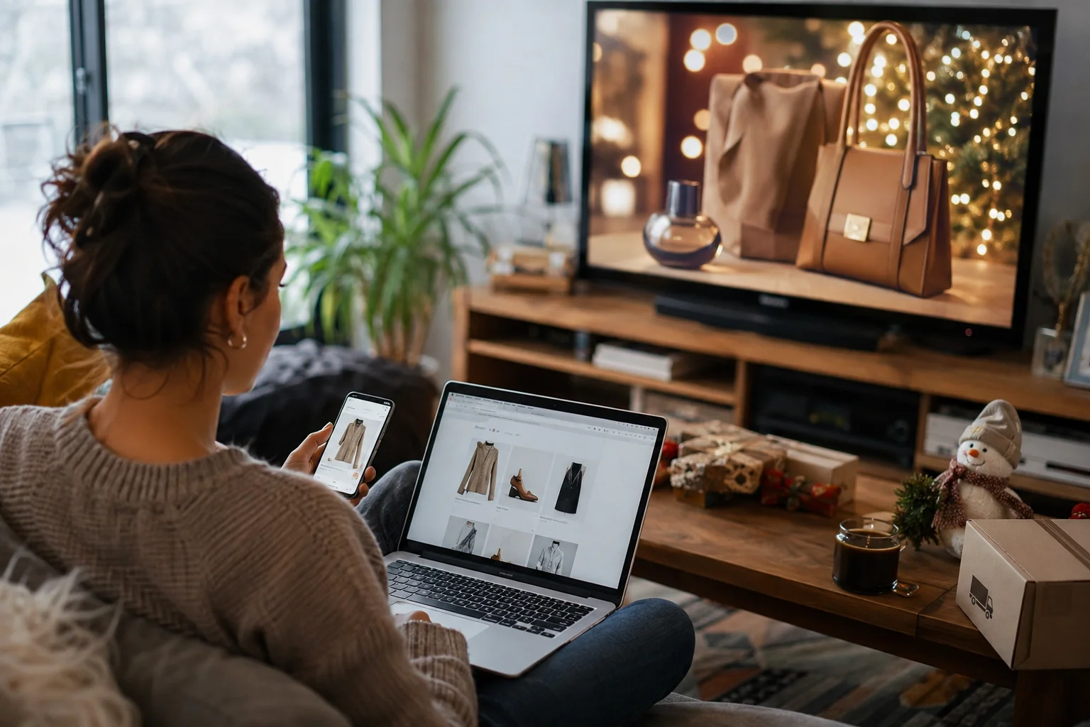 Woman uses a laptop and smartphone to access an online store while watching a retail ad on TV.