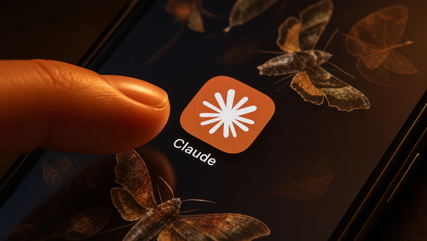 Close-up of a smartphone displaying the orange icon and the name Claude on the screen, with a hand near the device and a dark background with moth images.
