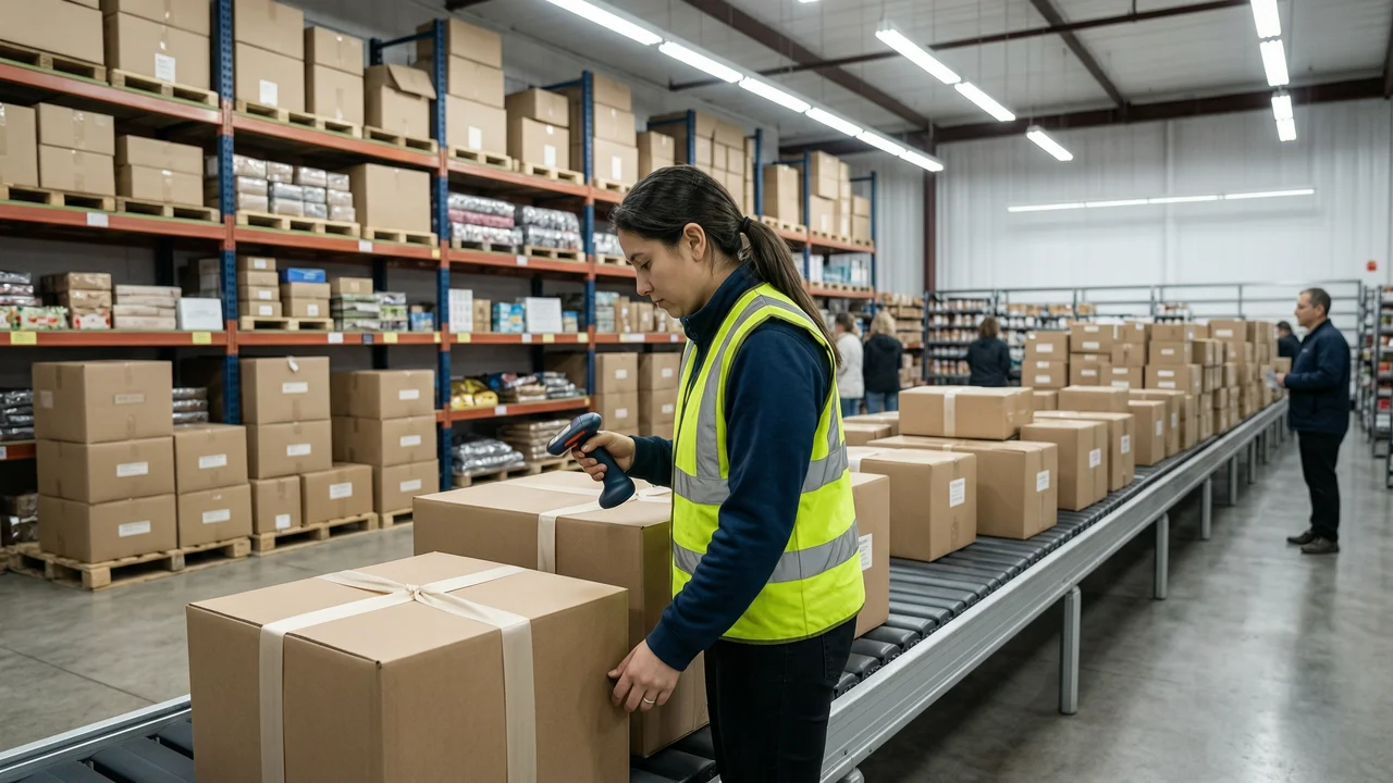 Worker in a reflective vest holds a barcode scanner at a distribution center, watching a conveyor belt with sealed boxes and gift ribbons; in the background, shelves and pallets.