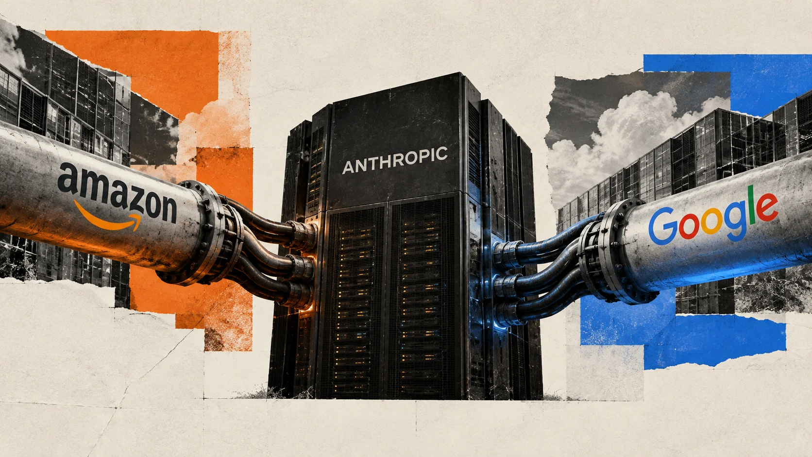 Editorial collage with Anthropic servers connected to Amazon and Google infrastructure.