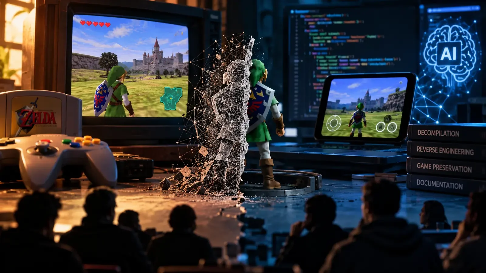 Composição de Zelda em console clássico e dispositivo moderno, com elementos de inteligência artificial e engenharia reversa.
