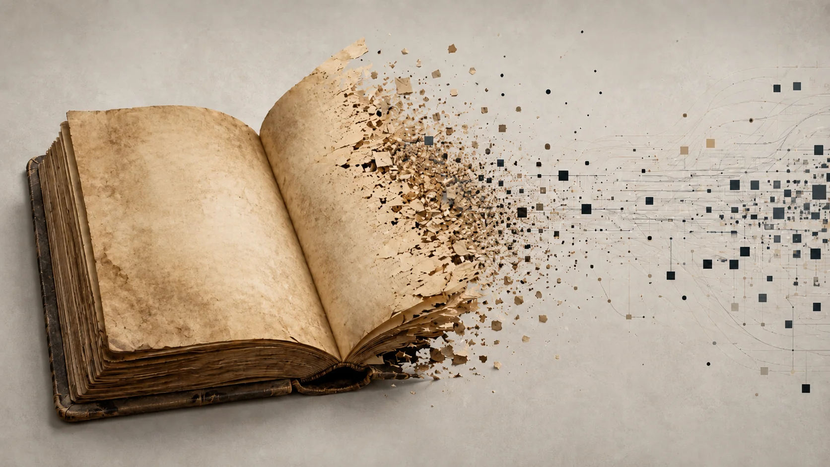 Open old book with pages dissolving into multiple streams of particles and geometric blocks flowing to the right, symbolizing the conversion of printed knowledge into digital data.