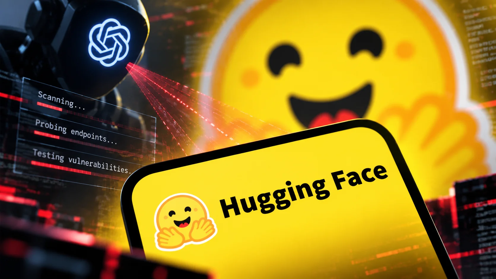 Editorial illustration shows the Hugging Face brand in the foreground and an AI agent with the OpenAI symbol in the background, in a cyber-scanning setting.