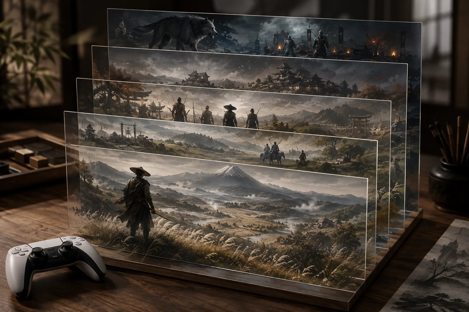 Overlapping transparent panels form a Japanese landscape inspired by Ghost of Yōtei, adding characters, combat, and new environments in different layers, with a PS5 controller at the side.