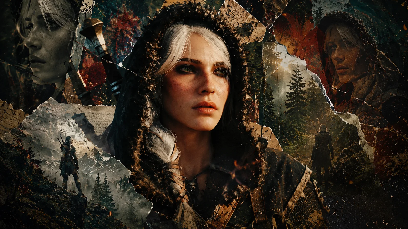 Artistic collage of Ciri, from The Witcher, with white hair, hood, and sword amid forest and fantasy scenes.