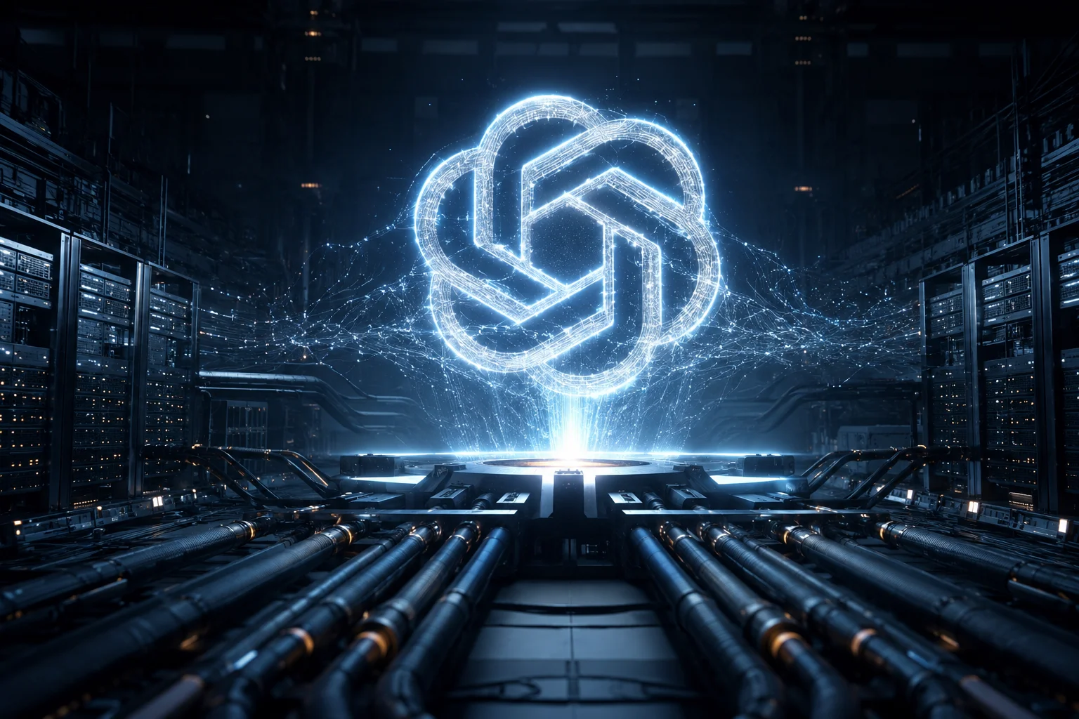 The OpenAI symbol emerges from a digital infrastructure surrounded by servers and cables, representing an advanced artificial intelligence in a high-computing-capacity environment.
