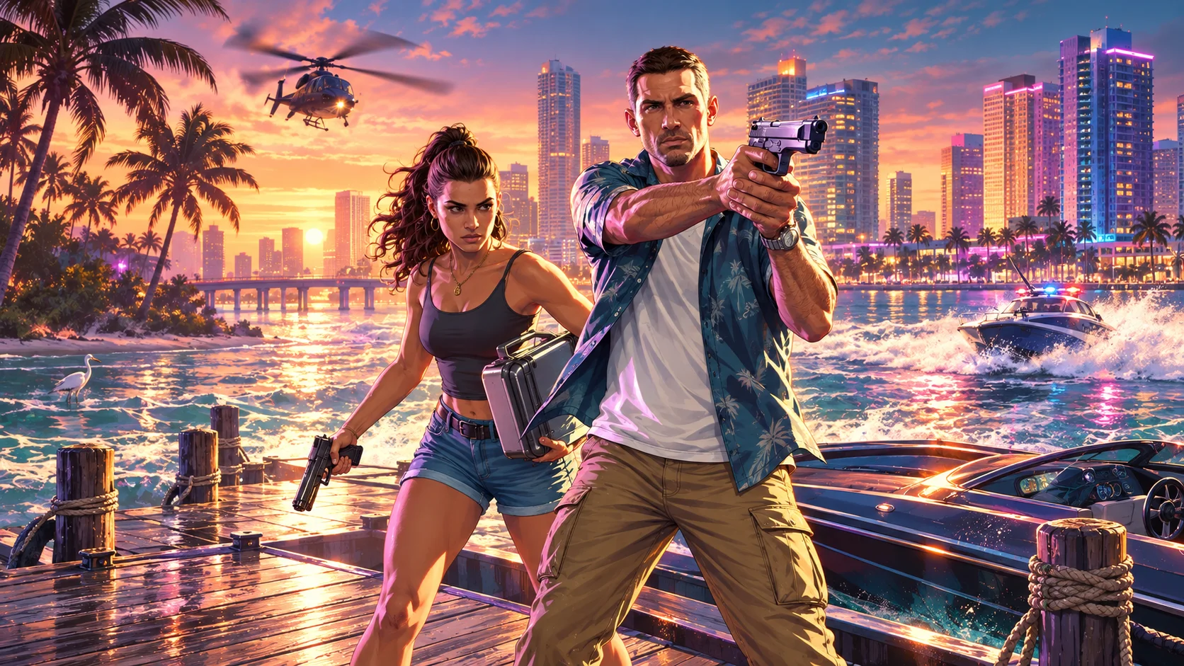 Ilustración al estilo GTA muestra a dos protagonistas armados en un muelle, con un skyline tropical, un helicóptero y una lancha policial al fondo.