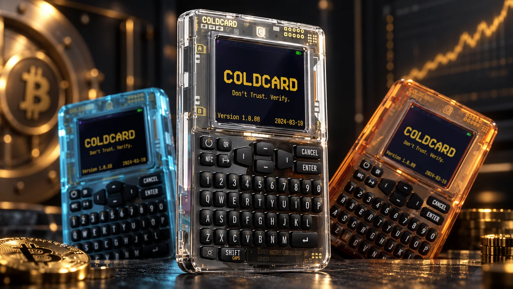 Tres carteras de hardware Coldcard en una imagen editorial sobre la recuperación de Bitcoin después de un exploit de seguridad.
