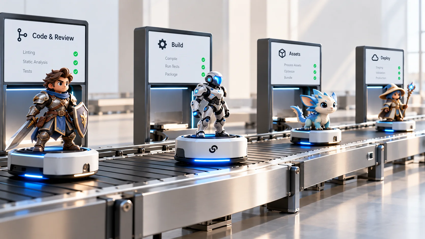 Automated assembly line produces game characters at different stages of development.