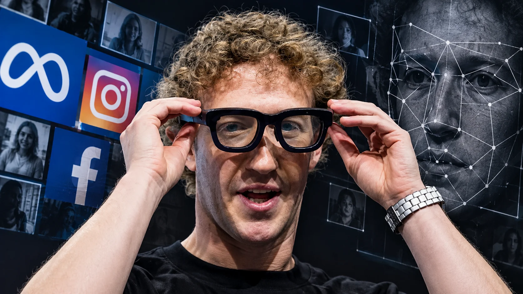 Man adjusts glasses in front of Meta, Instagram and Facebook symbols and a facial recognition mesh.