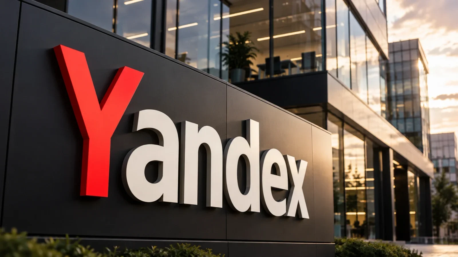 Logotipo da Yandex em vermelho e branco sobre fachada escura de edifício moderno.
