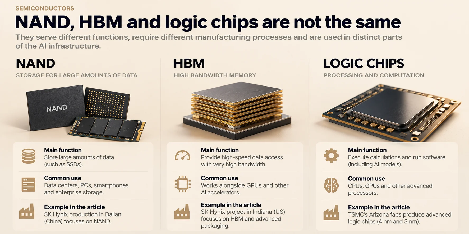 NAND stores data, HBM provides high-speed memory, and logic chips handle computation. Each serves a distinct role in AI infrastructure.