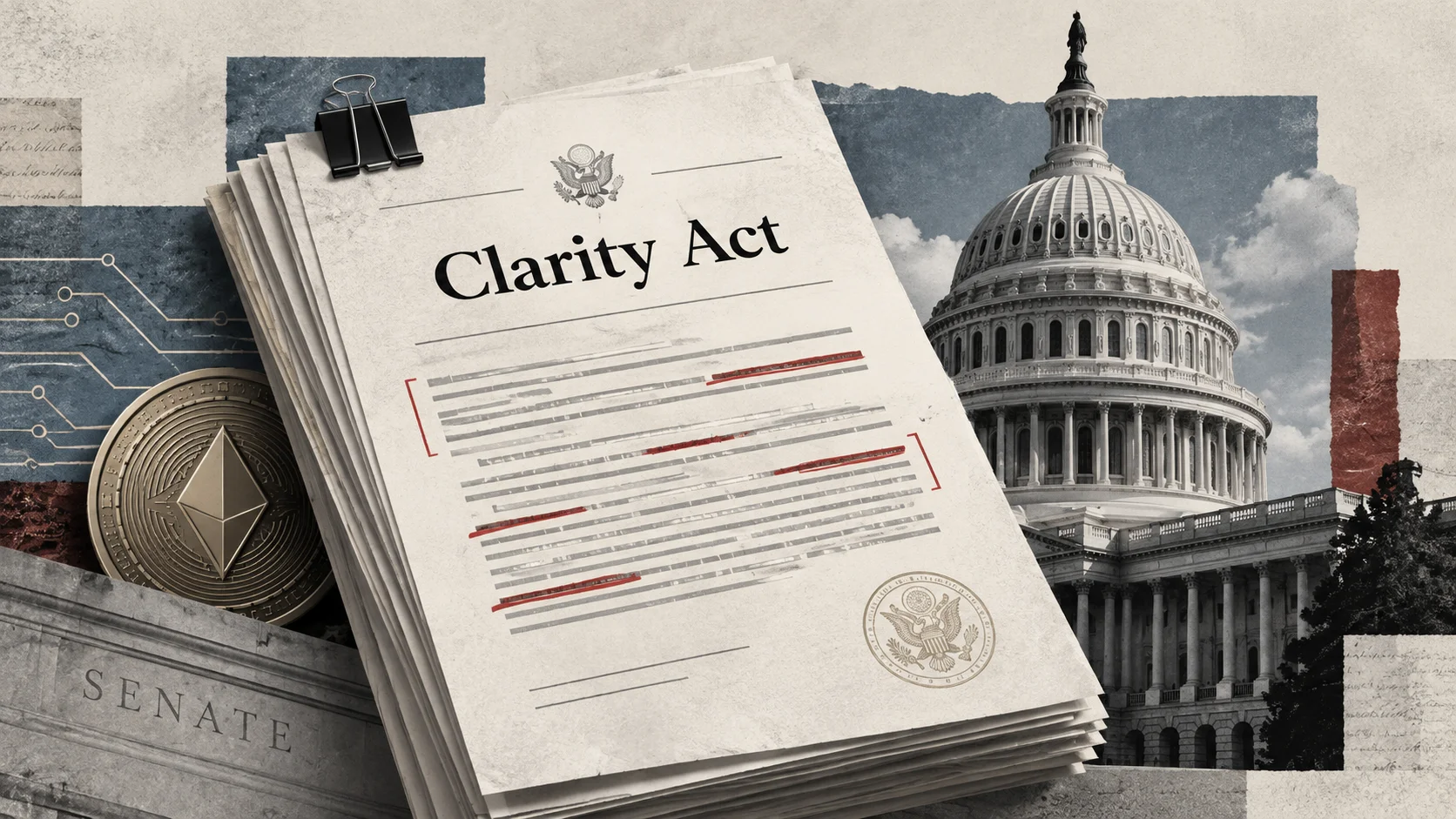 Clarity Act document, Bitcoin and the U.S. Capitol in an editorial collage.