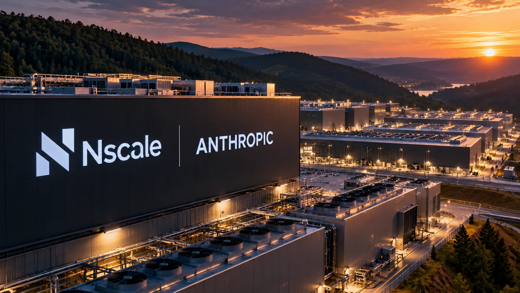 Complexo de data centers ao entardecer, com as marcas Nscale e Anthropic na fachada.