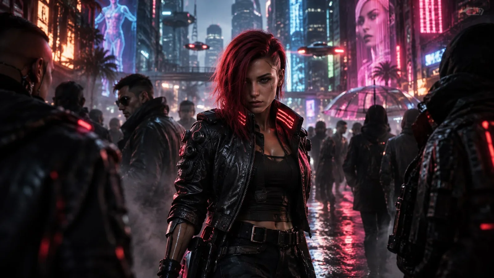 Woman with red hair on a futuristic street in Night City, surrounded by crowds and neon lights.