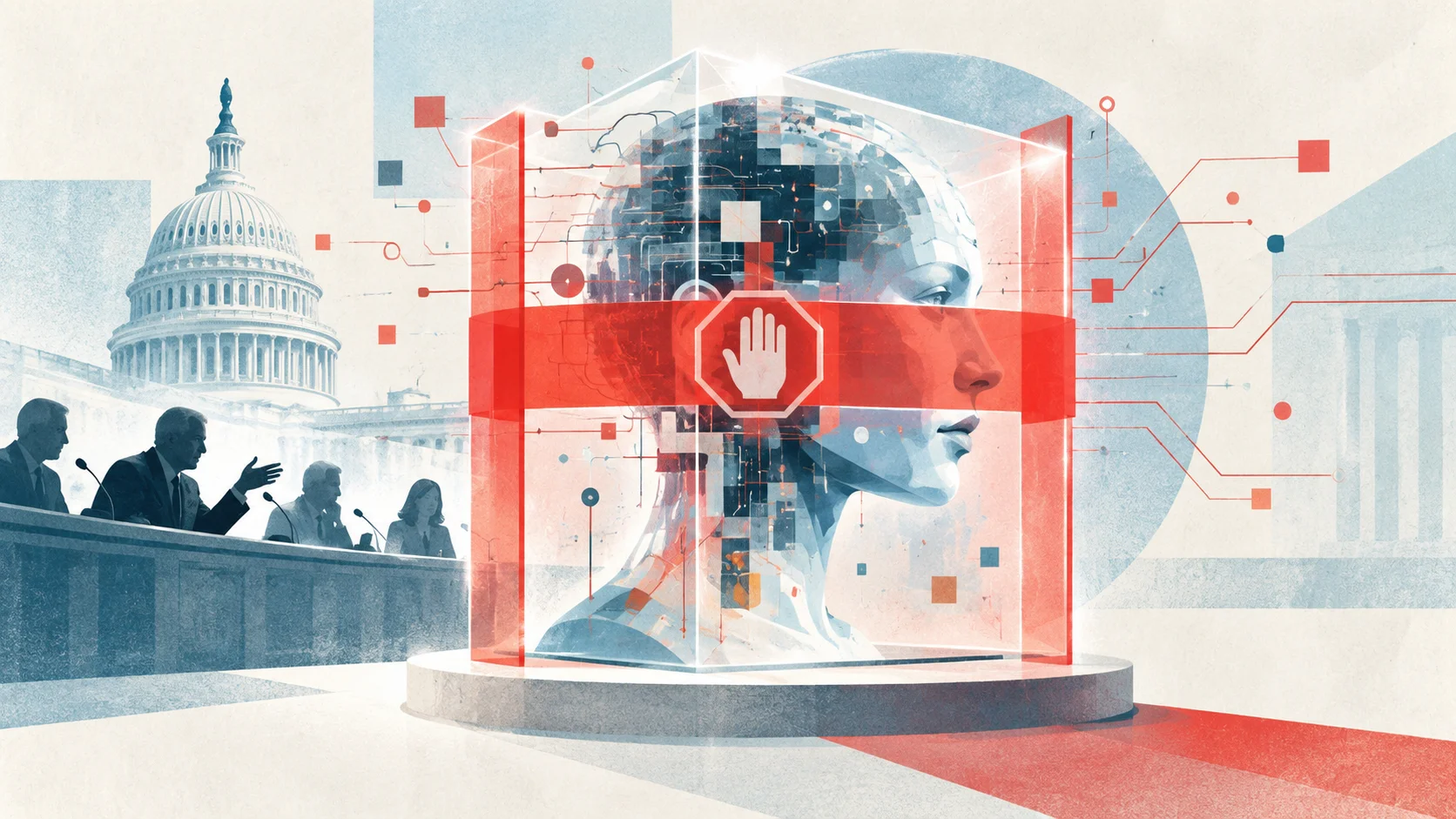 Conceptual illustration shows an AI face contained by a red barrier in front of the Capitol and a Senate hearing.