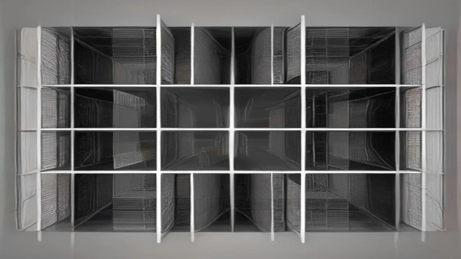 Abstract black and white structure with a grid of symmetrical rectangular panels and fine line textures