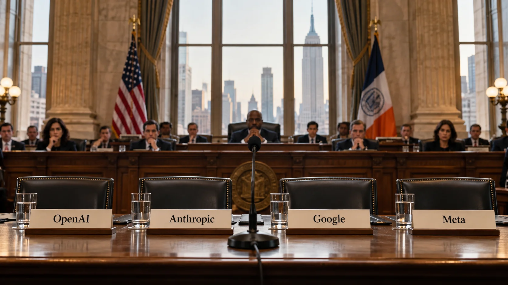 Hearing table with signs for OpenAI, Anthropic, Google and Meta.