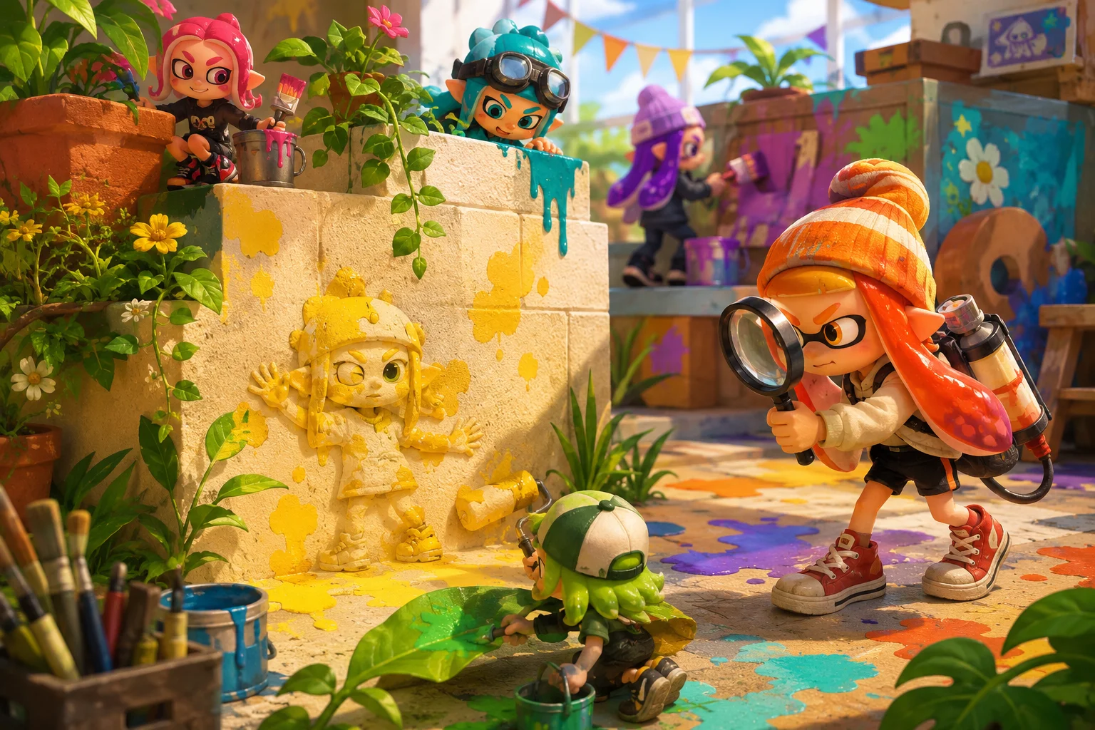 Colorful characters paint themselves to camouflage in a playful setting while another character searches for hidden players.