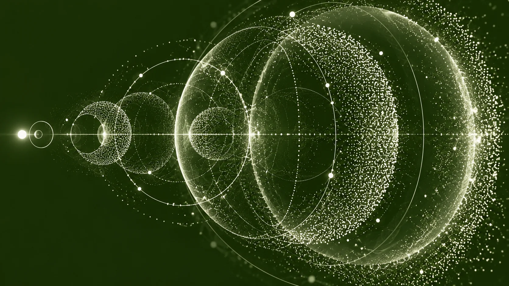 Beam symbol formed by circles and expanding particles on a green background.
