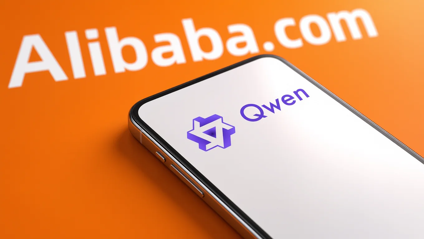 Smartphone showing the Qwen name and logo on an orange background with the Alibaba.com inscription highlighted.