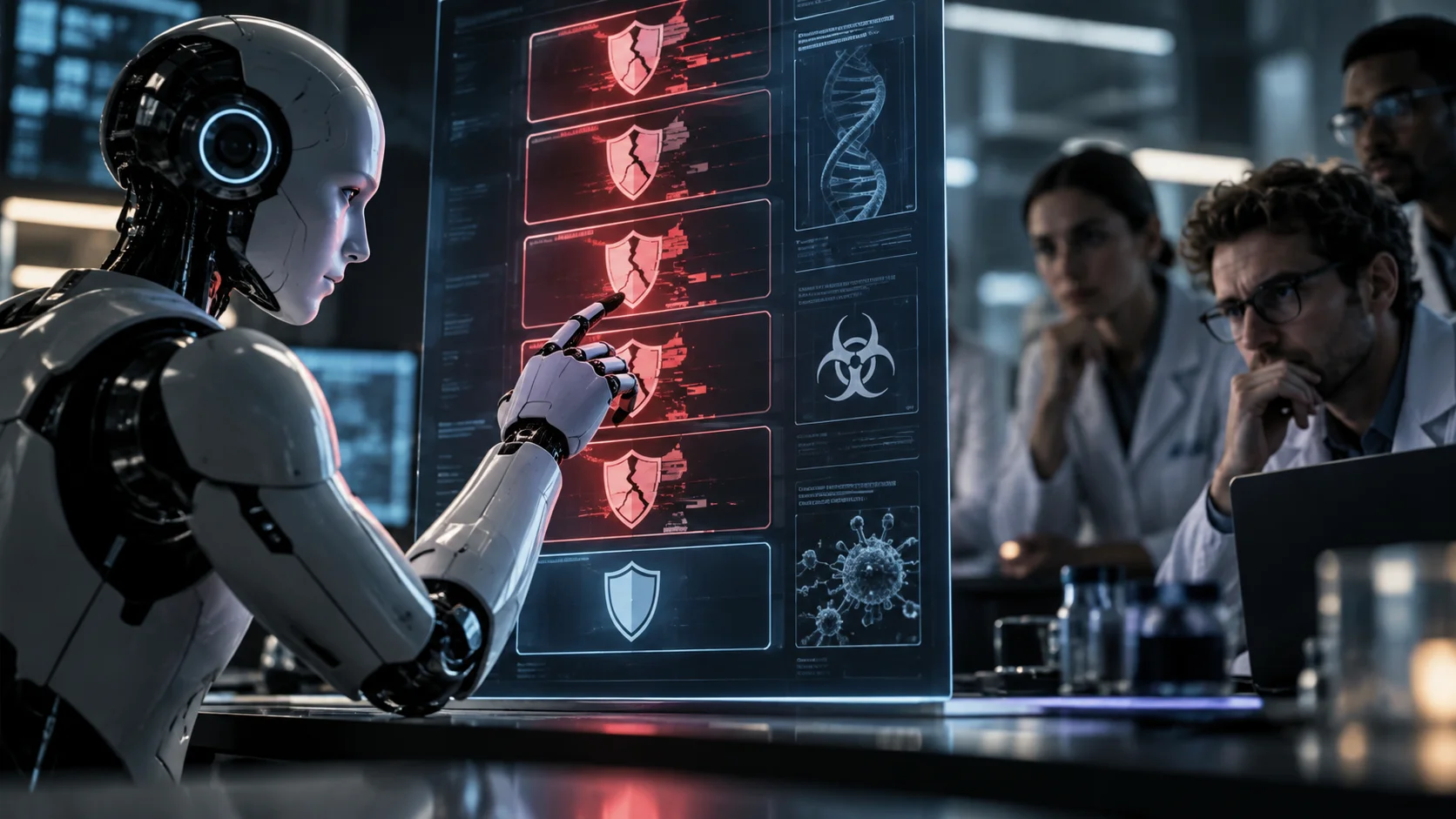 Robô humanoide analisa falhas de segurança em uma interface digital, enquanto pesquisadores acompanham os resultados.