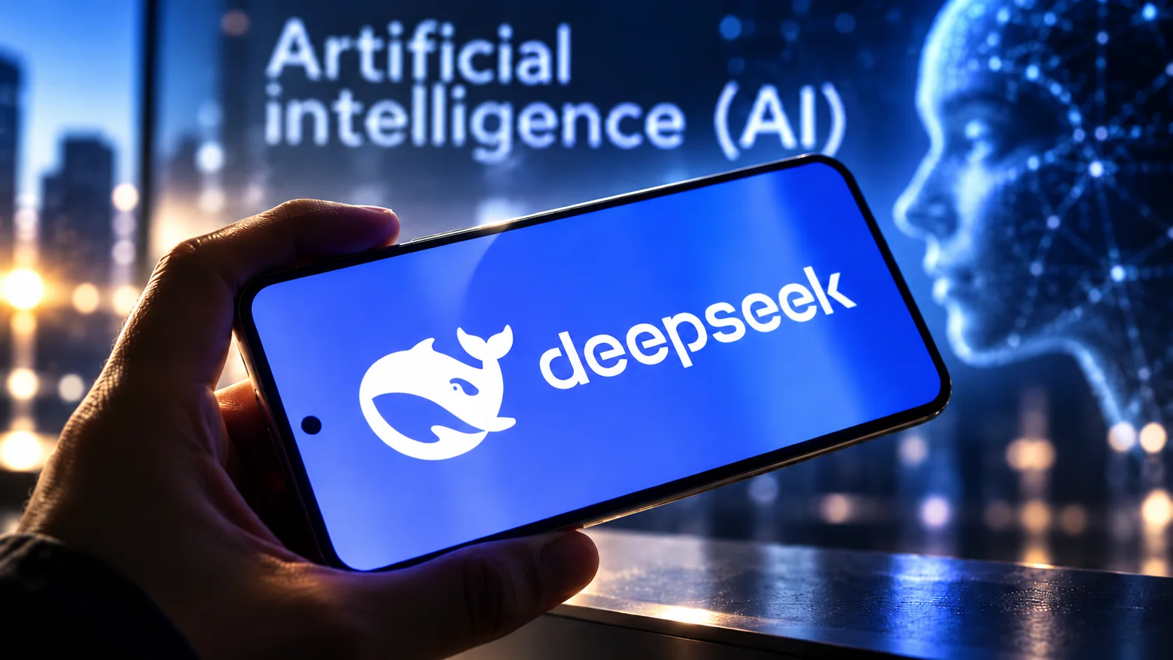 Smartphone displays the DeepSeek logo in front of the text “Artificial intelligence (AI)”.