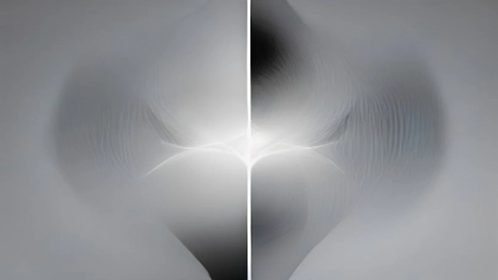 Dos curvas espejadas formando un canal ascendente en blanco y negro con degradado suave