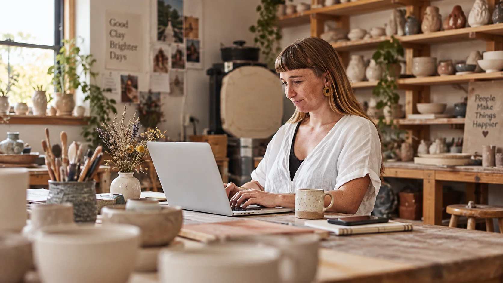 Woman working on a laptop in a ceramics studio, surrounded by shelves of pottery and workshop tools.