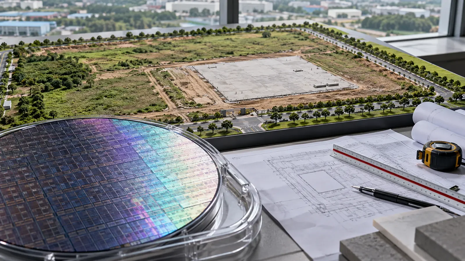 Maquete de terreno industrial ao lado de wafer de silício e plantas técnicas.