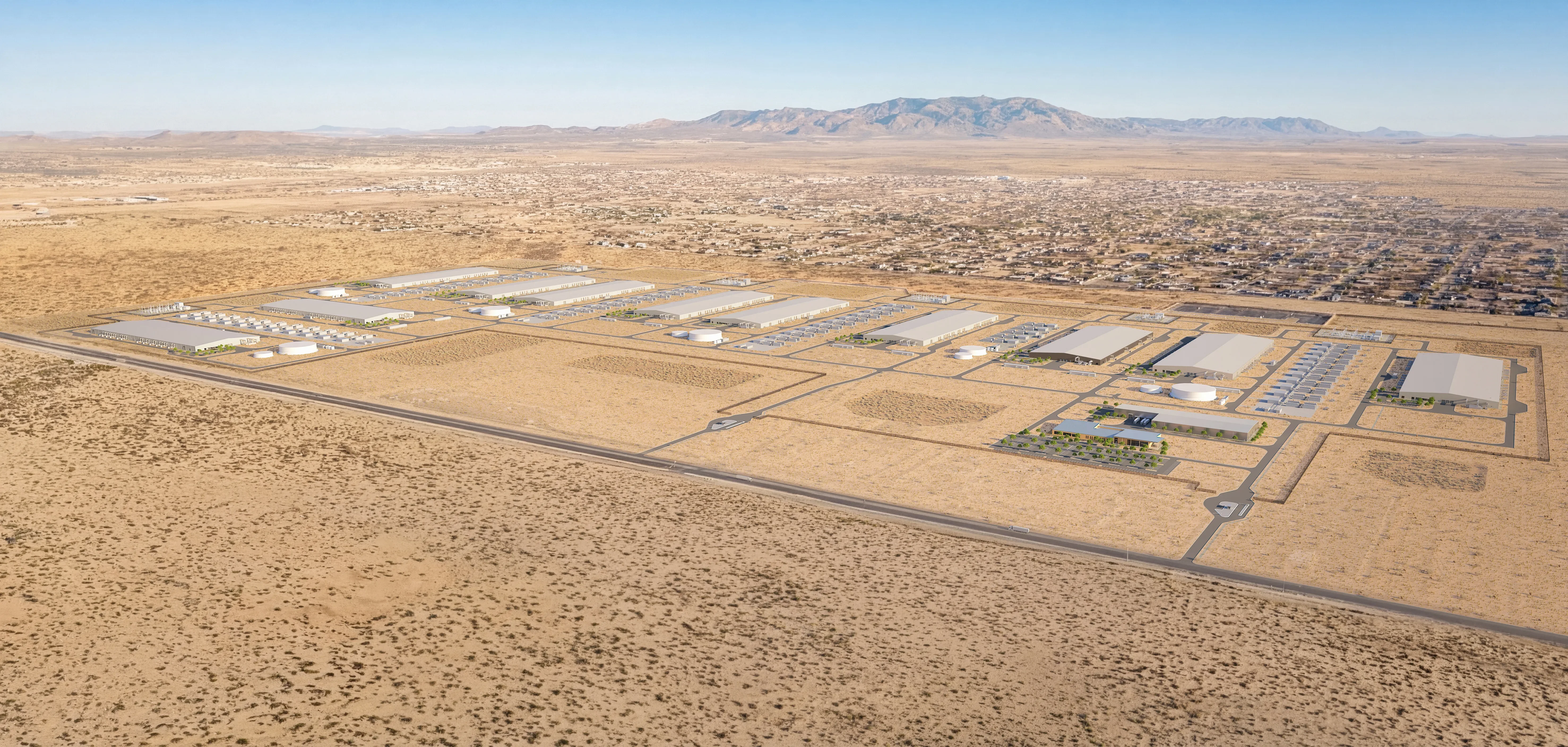 Rendering do data center da Meta em El Paso, Texas. O campus de 1 GW será desenvolvido por uma joint venture com fundos da BlackRock e terá cerca de US$ 14 bilhões em custos de desenvolvimento.