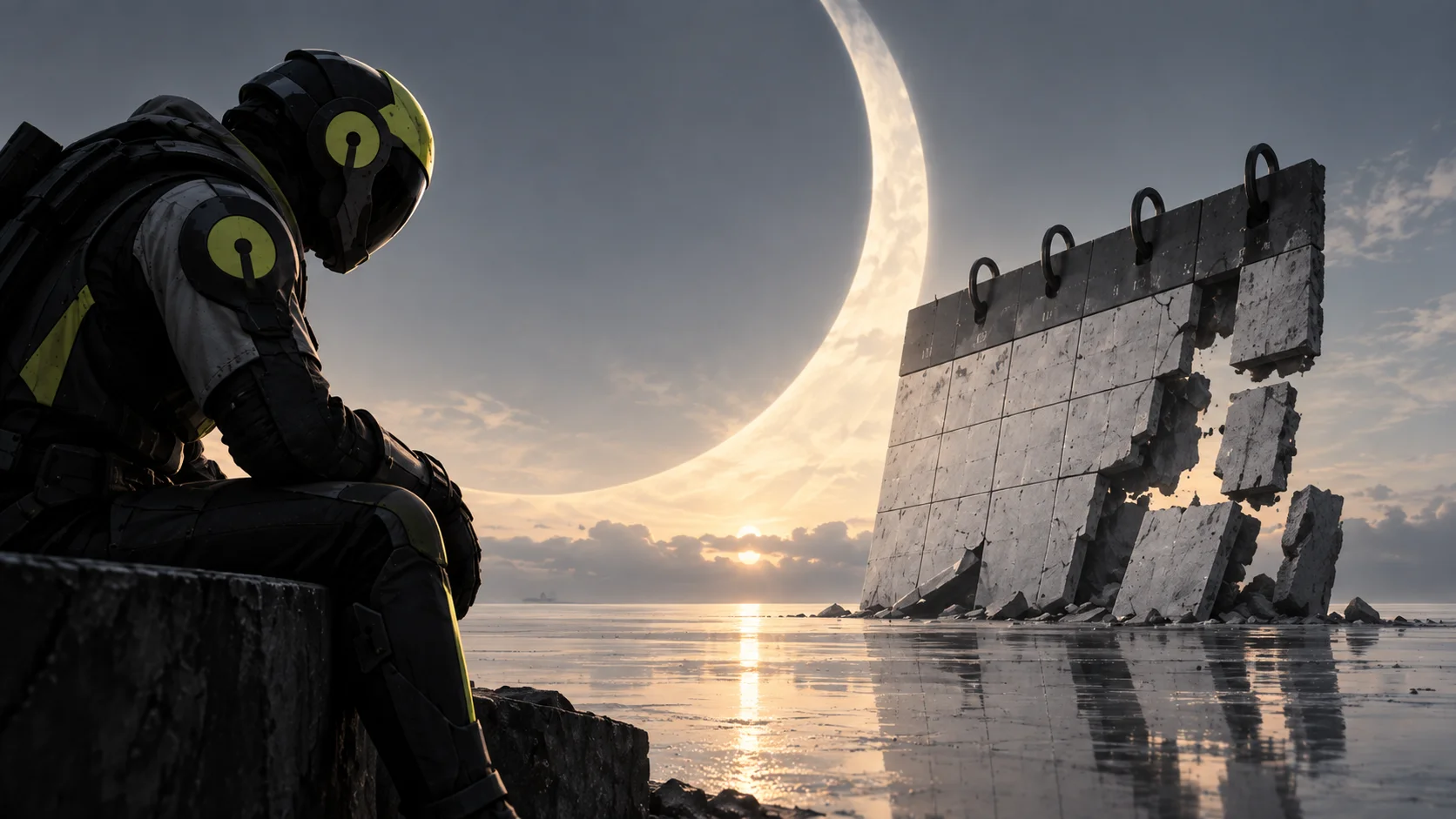 Futuristic character observes a destroyed calendar, symbolizing the postponement and Marathon's schedule change.