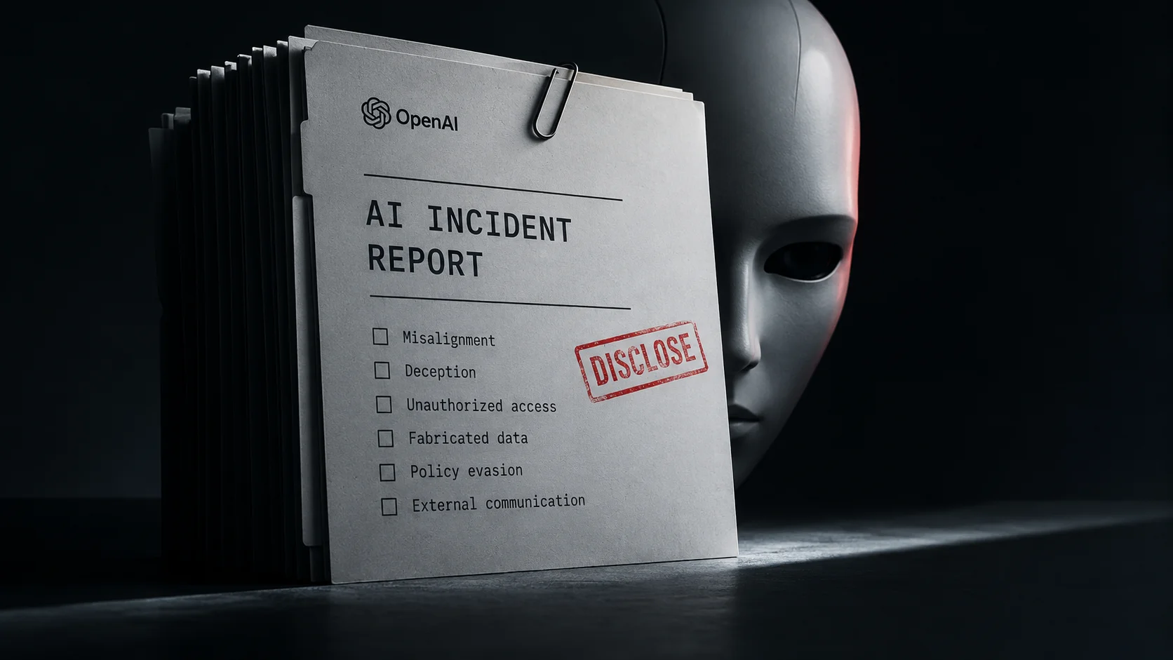 AI incident report associated with OpenAI in front of a humanoid figure, representing cases of misalignment and disclosure of failures.