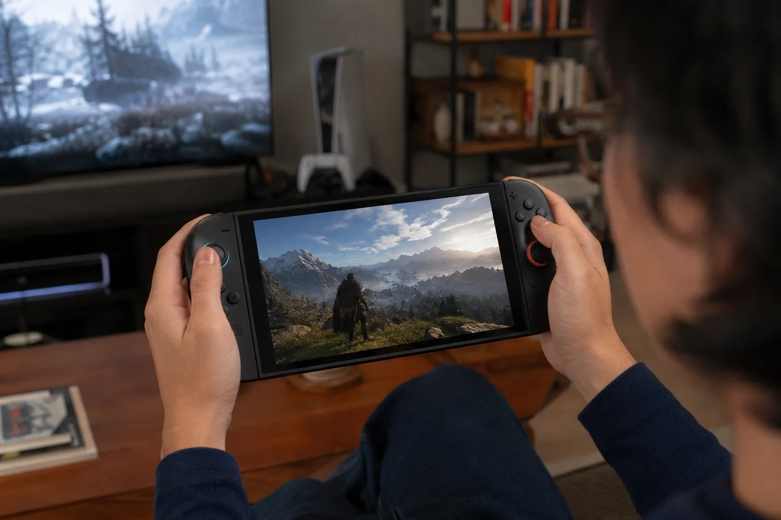 Player holds a Nintendo Switch 2 with an open-world adventure scene on the screen, in front of a television and other gaming equipment in a living room.