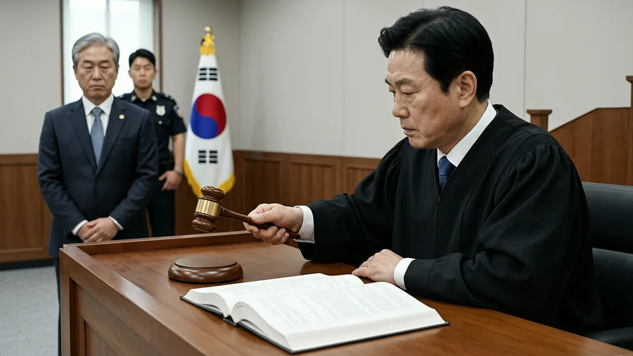 A judge in a black robe brings down a gavel on an open criminal code in a South Korean courtroom; a defendant in a dark suit flanked by a police officer, with a blurred South Korean flag in the background.